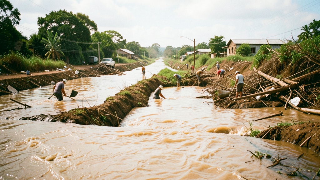Vecinos de Centrópolis, Milagro, desatan canal inundado tras lluvias intensas