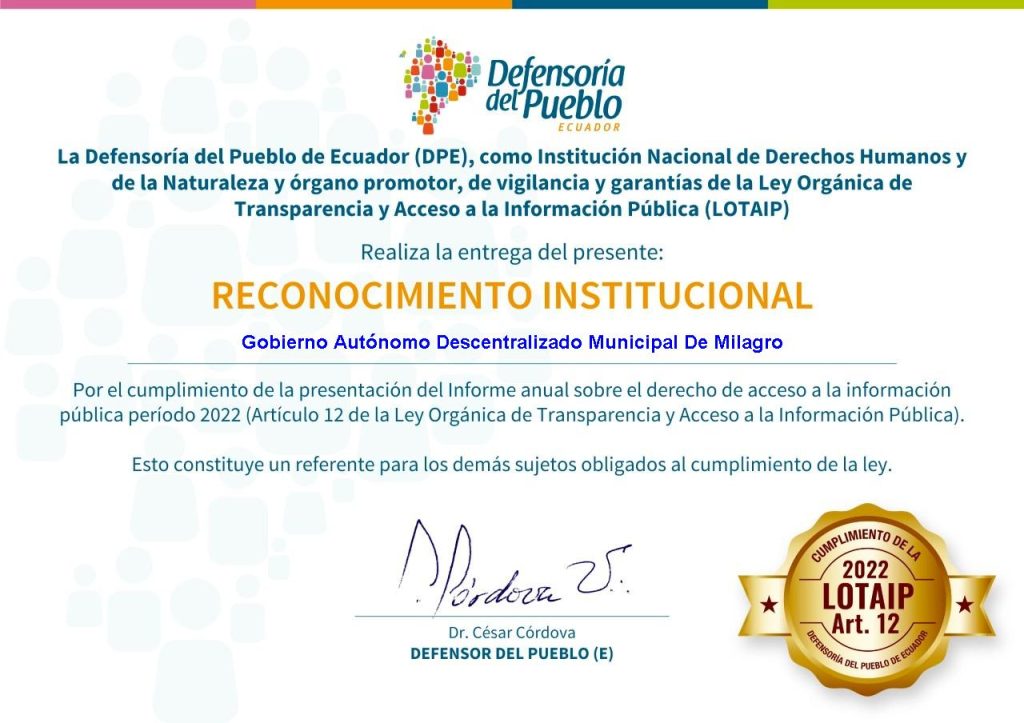 Municipio de Milagro recibe sello defensorial por transparencia en acceso a la información