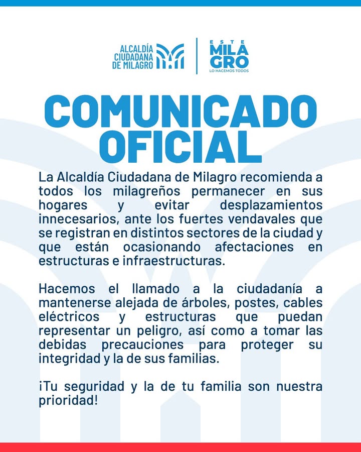 Milagro advierte sobre precauciones ante lluvias y alerta a vecinos